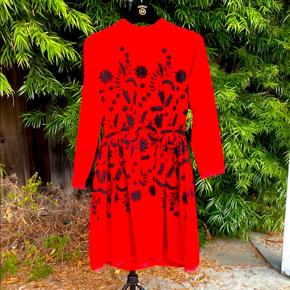 Vibrant Red Dress with Black Floral Pattern, Size Small